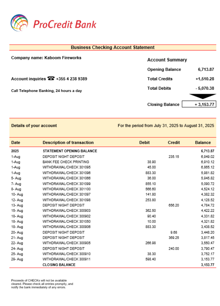 Modèle Word et PDF de relevé de compte courant de la société ProcreditBank